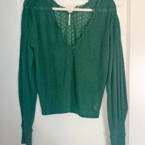 Free People Green V-Neck Knit Pointelle Stretch Sweater Top Sz M